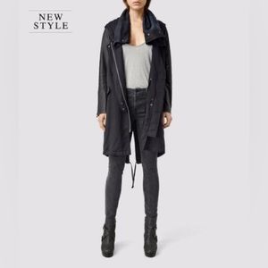 All Saints Kaito Lee Parka/Coat Black US 4 Leather Sleeves